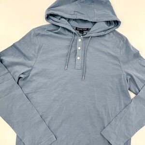 Michael Kors Mens Light Blue Slub Cotton Henley Long Sleeves Hoodie Size M NEW